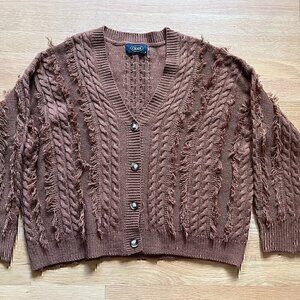Cider Brown Cable Knit Cardigan with Fringe Size Small
